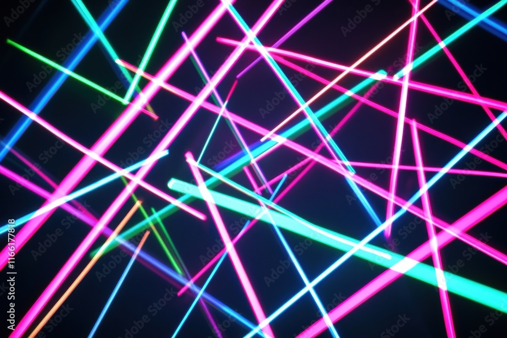 Poster Colorful abstract neon lines create a vibrant display of light in a dark space with dynamic energy. Generative AI