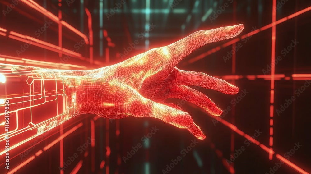 Poster futuristic robotic hand reaching out in a digital environment with glowing lines and patterns