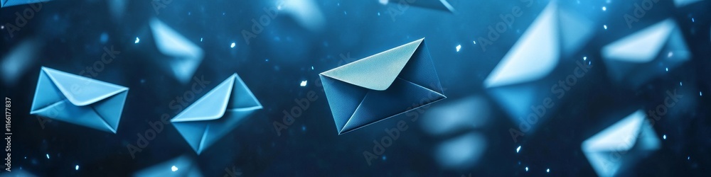 Aufkleber digital envelopes floating in a blue abstract background, symbolizing online communication and messa