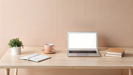 Minimalist desk with laptop, coffee cup, and notebooks