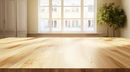 Fototapeta premium Bright and Airy Interior With Wooden Table and Large Windows Letting in Natural Light