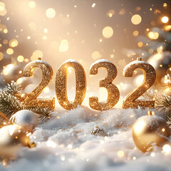 Sparkling New Year 2032 Celebrations with Glittering Decorations and Snowy Background