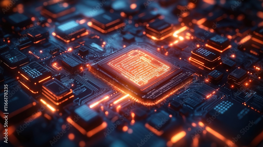 Poster advanced tech illustration shows complex circuit board. ai development, digital transformation conce