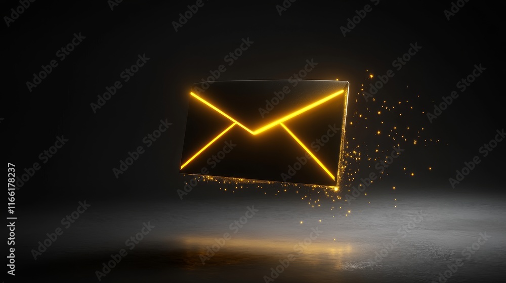 Poster bright glowing envelope icon floating in a dark space with sparkling particles around it, representi