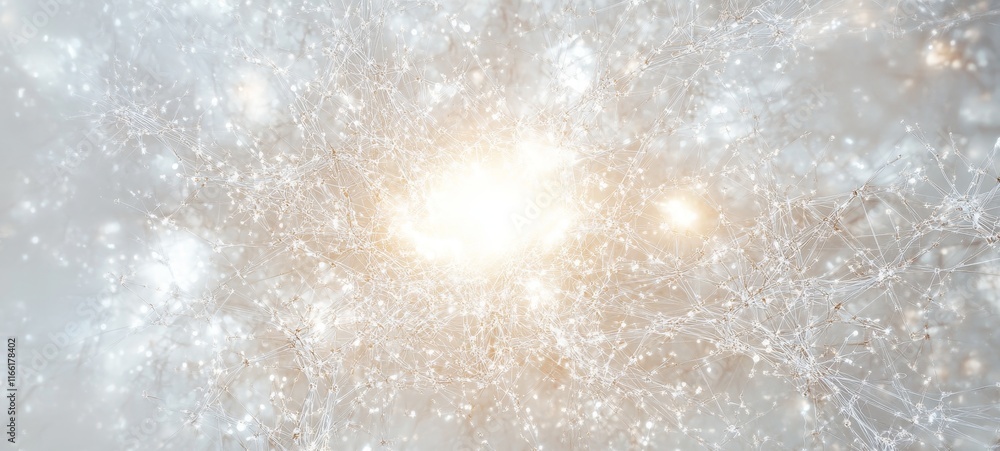 Poster glowing network of luminous particles creating ethereal light patterns in a dreamlike space environm