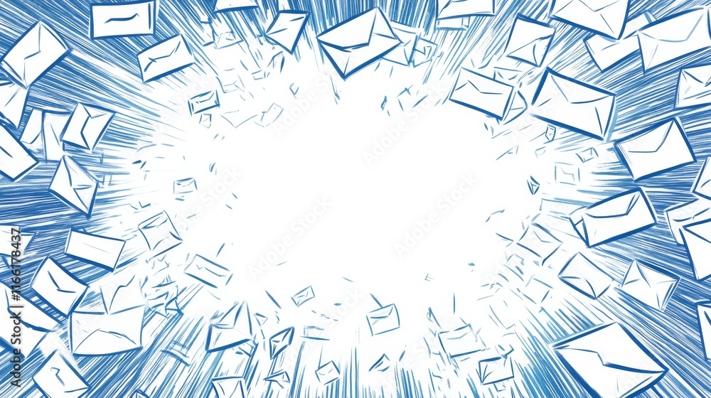 Poster bursting mail explosion with numerous envelopes illustrating digital communication and the chaos of 