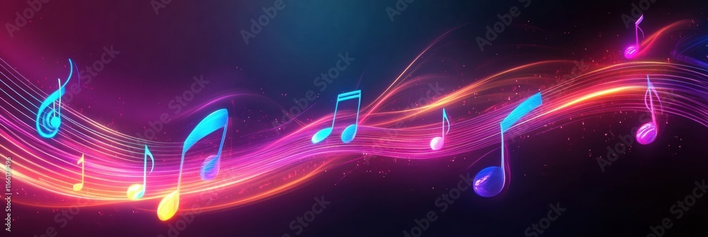 Poster flowing musical staff lines in glowing neon tones create a vibrant symphony of light and color in a 