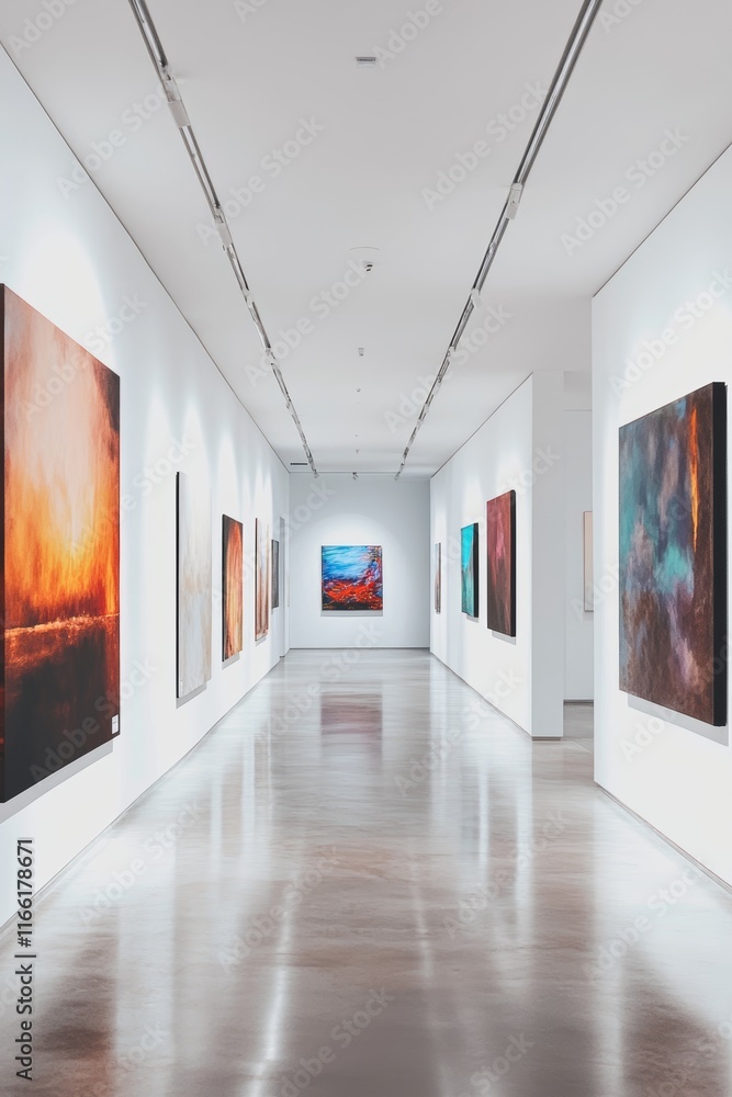 Poster modern art gallery displaying colorful abstract paintings in a spacious white corridor with polished