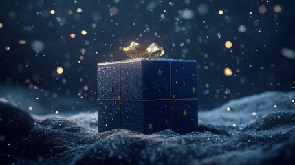 Gift Box Shining Brightly in a Winter Wonderland With Falling Snowflakes and Twinkling Lights During the Holiday Season