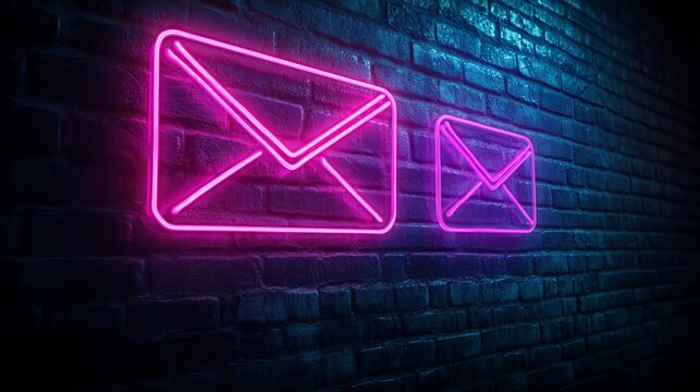 Neon Envelope Signs Illuminate a Brick Wall in a Dark Urban Setting, Creating a Vibrant and Modern Atmosphere at Night