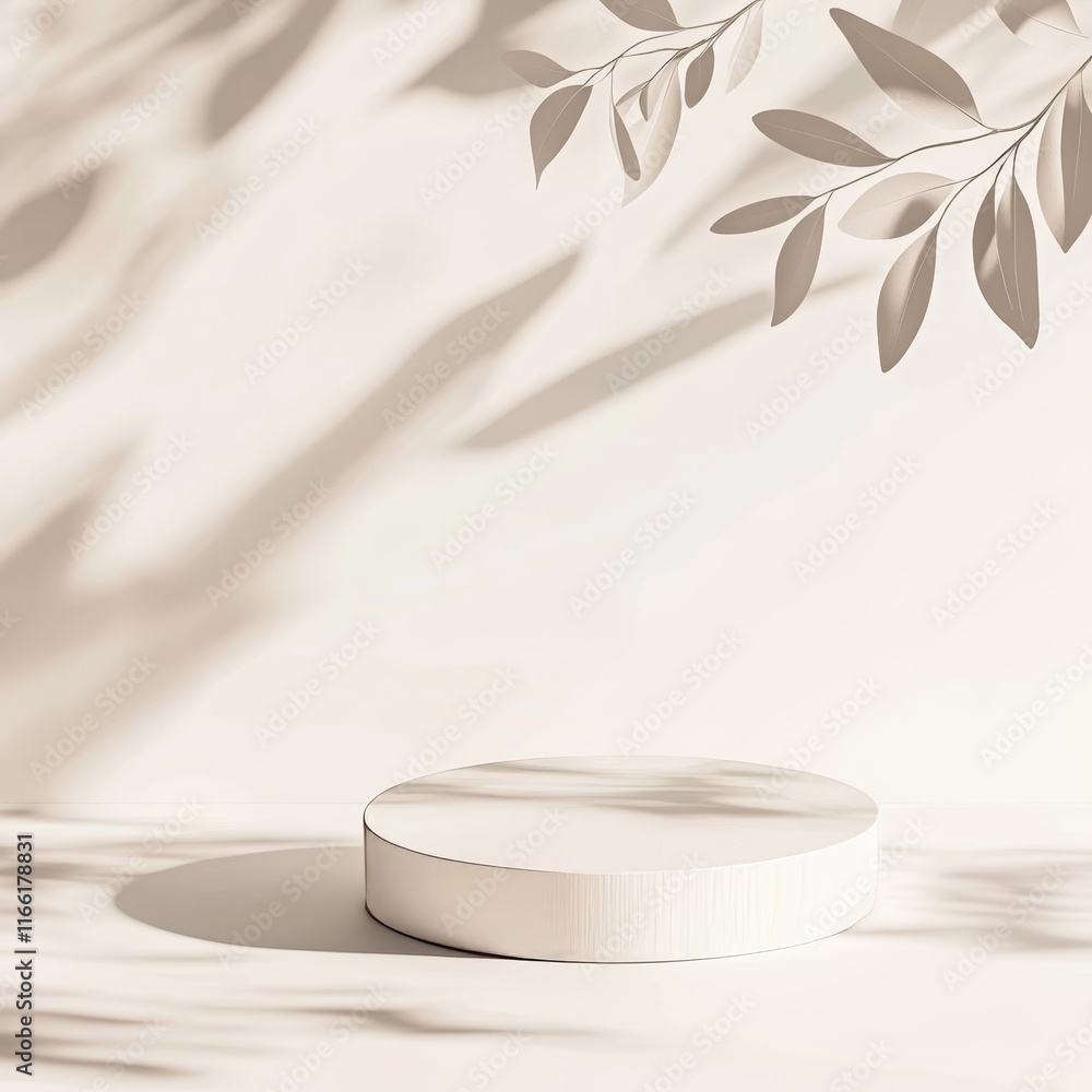 Poster illuminated surface with soft shadows and leaves creating a serene atmosphere in a minimalist settin