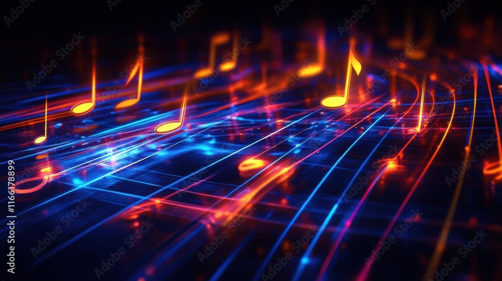 Poster floating musical notes create a vibrant glow on flowing neon staff lines against a dark backdrop. ge