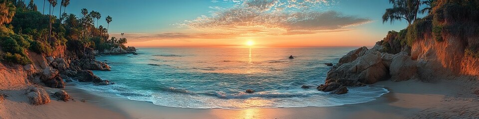 Fototapeta premium Sunset Over Tranquil Beach With Gentle Waves and Colorful Sky Illuminating the Horizon in a Picturesque Coastal Setting