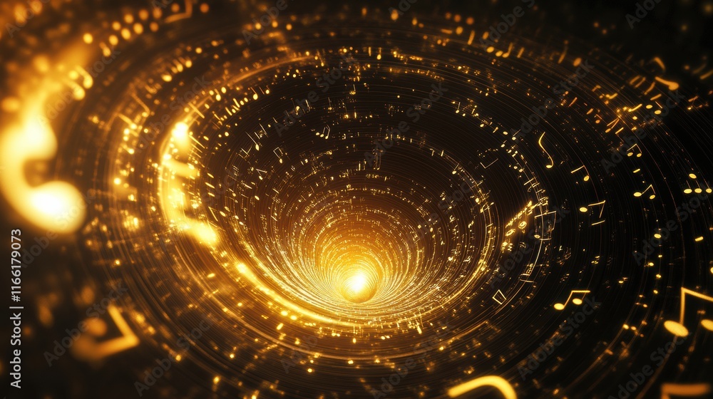 Leinwandbilder 3D swirling music notes creating a dynamic illusion of movement and rhythm in a mesmerizing golden vortex. Generative AI