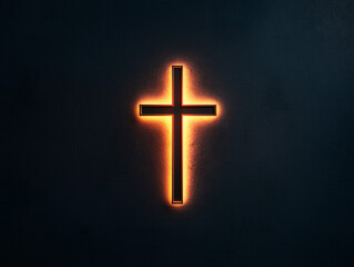Fototapeta premium Neonkreuz leuchtet an einer minimalistischen Wand in dunkler Umgebung 