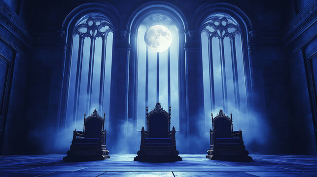 Dunkle Halle mit majest&auml;tischen Thronen und Vollmondlicht

