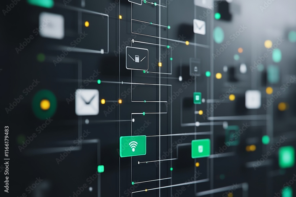 Fototapete Digital Network Visualization Depicting Interconnected Nodes and Signals in a Technology-Driven Environment With Glowing Icons at Various Points of Interaction