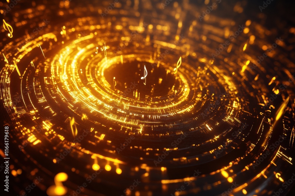Poster Dynamic 3D music notes swirling in a vibrant golden spiral with glowing particles in a digital space. Generative AI