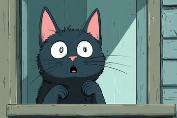 Confused Cat Pawing at Mirror in Cartoon Style
