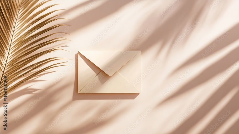 Poster Envelope Resting on a Sandy Surface With Palm Leaves Casting Shadows in a Warm, Sunlit Environment