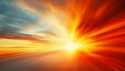 Obraz premium Dramatic sunset sky with vibrant colors radiating from the horizon, resembling a bright burst of light or speed. Perfect for backgrounds or design projects.