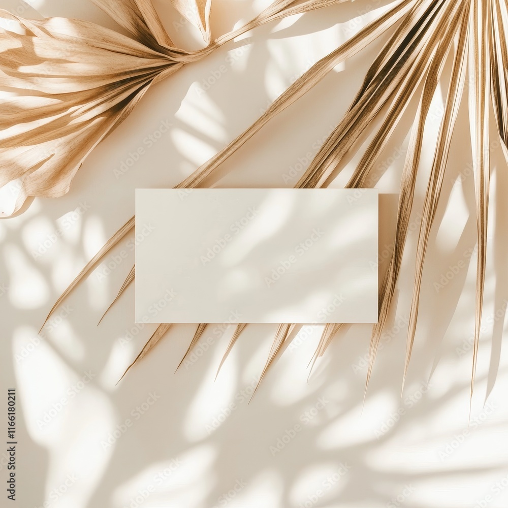Poster soft shadows from palm leaves create an elegant backdrop for a blank card on a smooth surface in a c