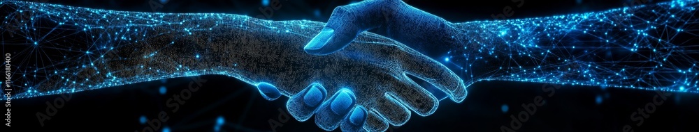 Poster hands connecting in a digital handshake symbolizing cooperation and technology integration in a futu