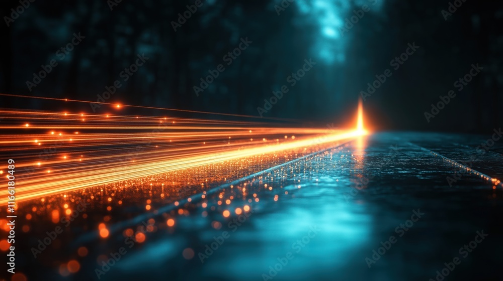 Poster dynamic streams of orange-yellow light converge on dark surface creating speed, tech concept. focuse