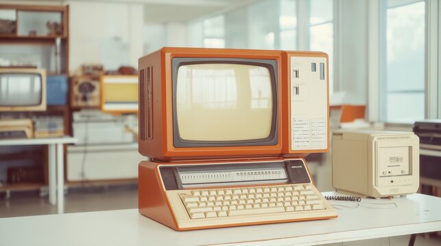 Retro vintage computer setup displayed in tech museum. Old-style monitors, peripheral equipment show early computing. Orange computer, beige peripheral on white table. Retro tech, nostalgia, early