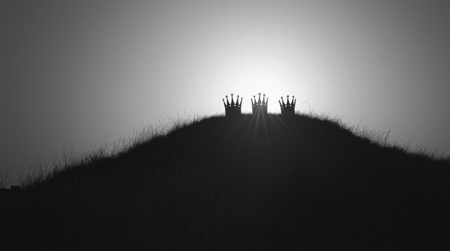 Drei majest&auml;tische Kronen im Silhouette gegen den Sonnenaufgang, Heilige drei K&ouml;nige

