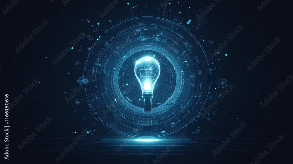 Poster illuminating ideas in a digital space with a glowing light bulb surrounded by abstract technology el
