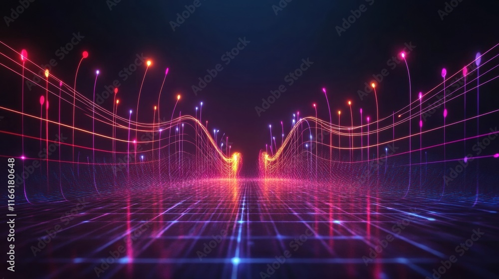 Aufkleber vibrant abstract 3d design featuring colorful light trails and a reflective grid at night. generativ