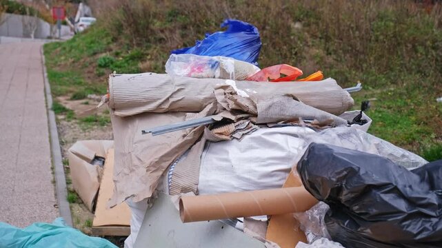 Waste Construction Materials Dumped Outdoor Littering Street before Cleaning By City Comunal Service