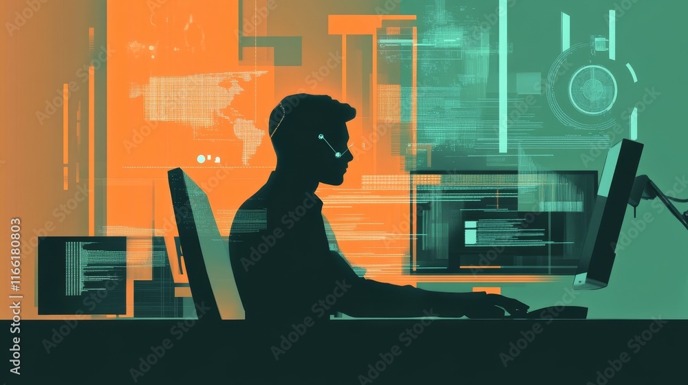 Poster silhouette of a person working on a computer with digital graphics in an office environment during e