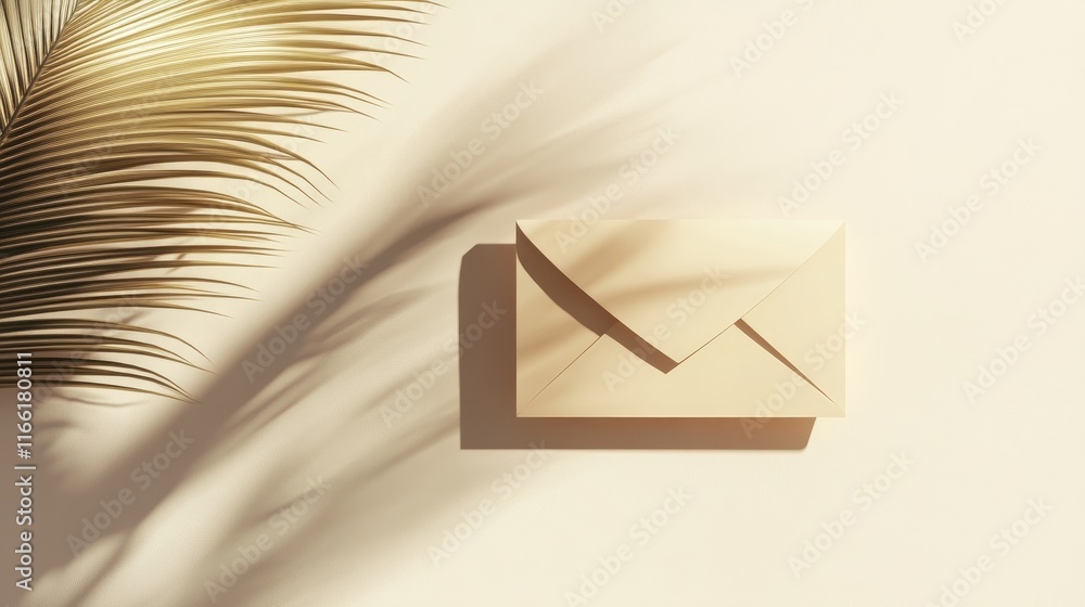 Poster elegant beige envelope resting against a textured wall with soft shadows and tropical palm leaves cr