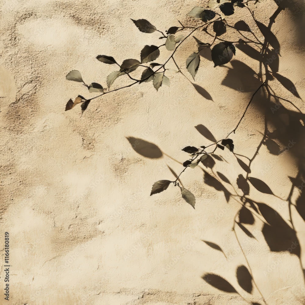Poster shadows of leaves cast on a textured wall during golden hour, creating a serene and tranquil atmosph