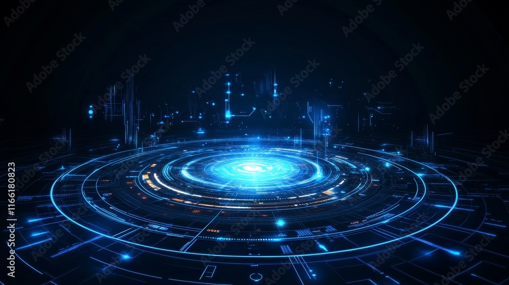 Aufkleber Digital Representation of a Futuristic Technological Landscape Featuring Glowing Circular Patterns and Data Points in a Dark Space Environment