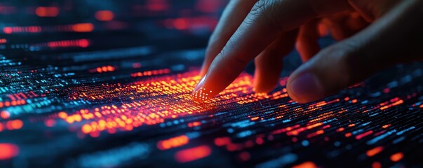 Person interacts with dynamic digital interface. Modern tech interface shows data. Professional communication facilitated by tech. Business growth reflected in data. Network interaction seamless.