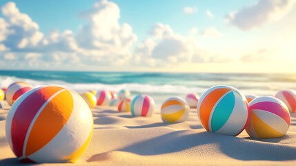 Colorful Beach Balls Resting On Sandy Shore