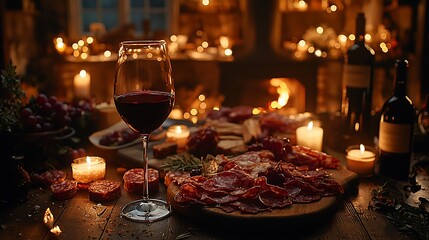 Romantic dinner with red wine, charcuterie, and candles.