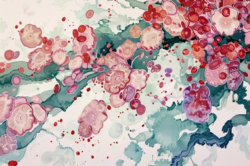 Red and white blood cells in a blood vessel during illness, vibrant 3D rendering.