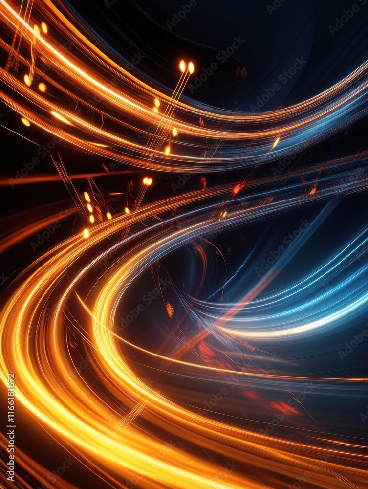 Poster 3D flowing musical staff lines in glowing neon tones create a vibrant visual rhythm and dynamic energy in the artwork. Generative AI