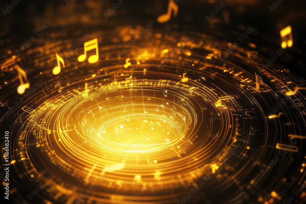 Fototapete creative design of glowing 3d music notes swirling around a sparkling vortex in a vibrant space. gen