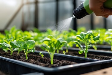 Gardening enthusiasts nurture young vegetable plants in a sunlit greenhouse during springtime