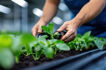Hands carefully tending to young plants in a vibrant indoor garden during a productive day of growth and nurturing