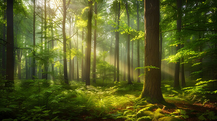 Silent Majesty: Morning Light in an Enchanted Forest with Towering Trees and Lush Green Canopies