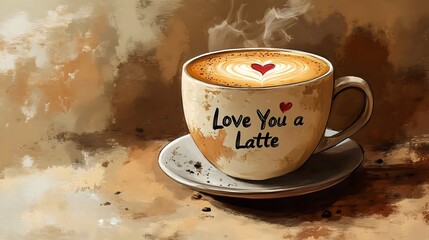 Coffee latte art with "Love You a Latte" message, set on a rustic brown surface.