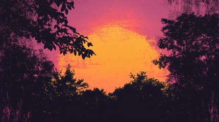Vibrant sunset over a wooded landscape with retro risograph inspired color scheme. Generative AI