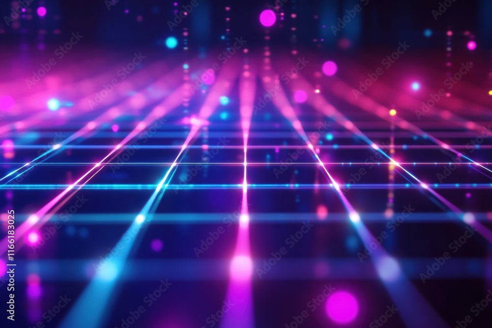 Poster Dynamic 3D grid with glowing neon lights in vibrant colors creating a futuristic ambiance. Generative AI