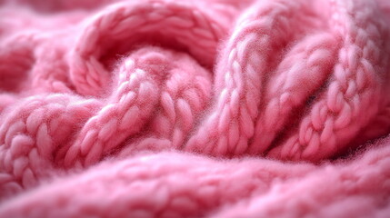 Cozy pink knitted fabric showcasing intricate patterns and textures in a warm and inviting setting during daylight